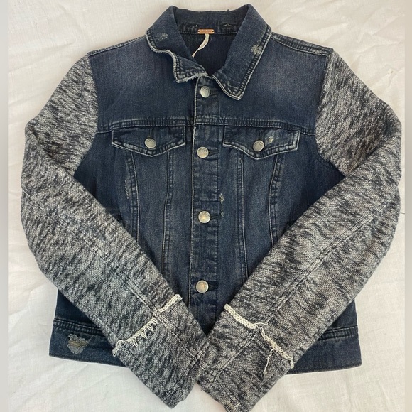 Free People Distressed Denim Jean Hooded Jacket Small